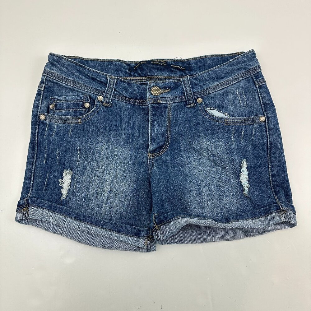 Highway Jeans Cuffed Distressed‎ Women's size 7 Dark Wash Blue Denim jean Shorts